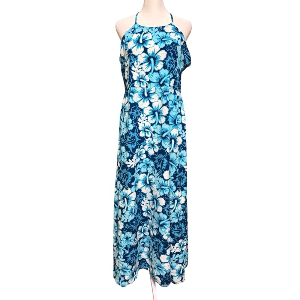 28 Palms Blue Tropical Floral Halter Maxi Dress – Size L – Island Resort Style